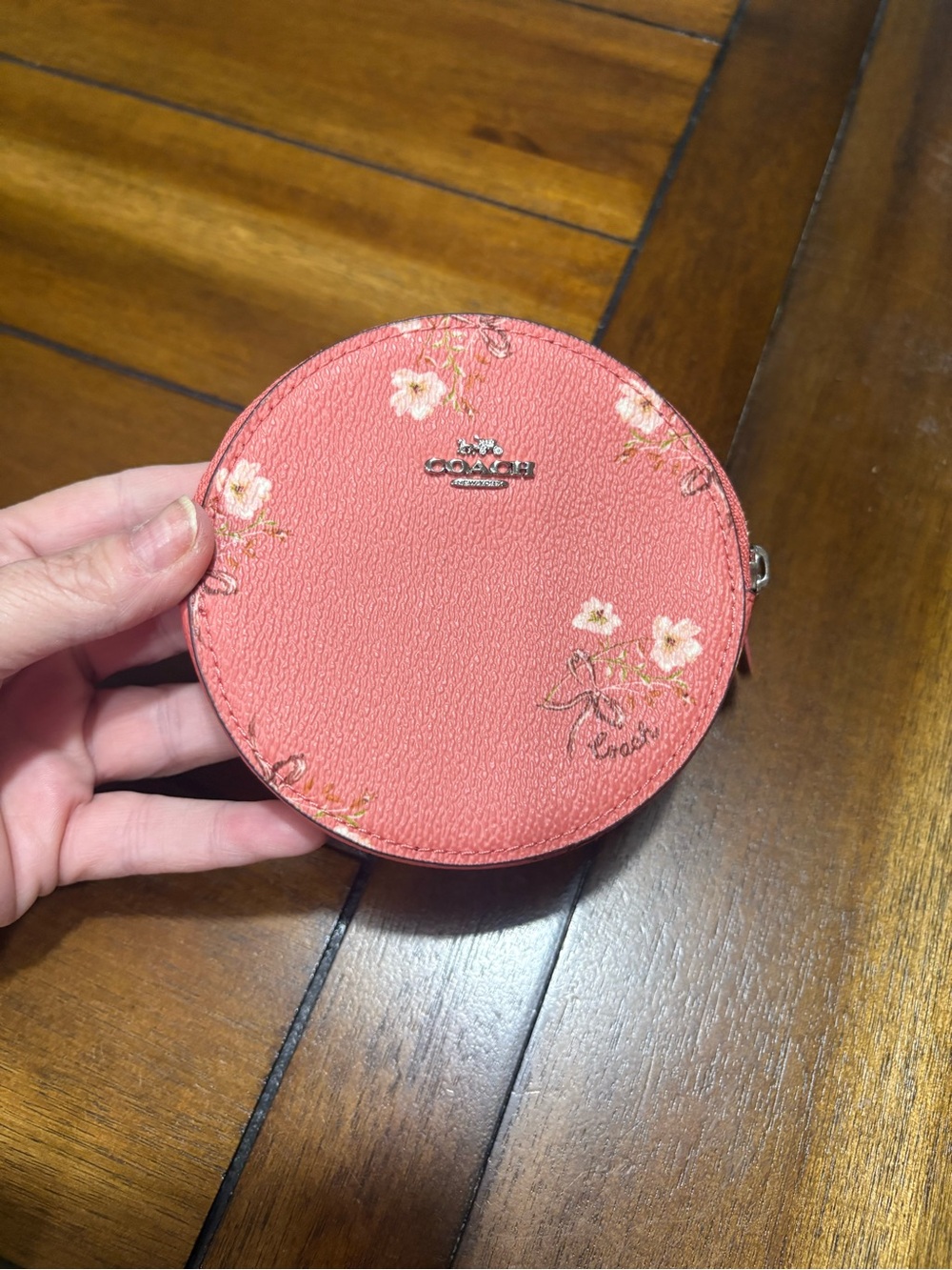 Coach Coral Pink Round Floral Zip Coin Pouch
